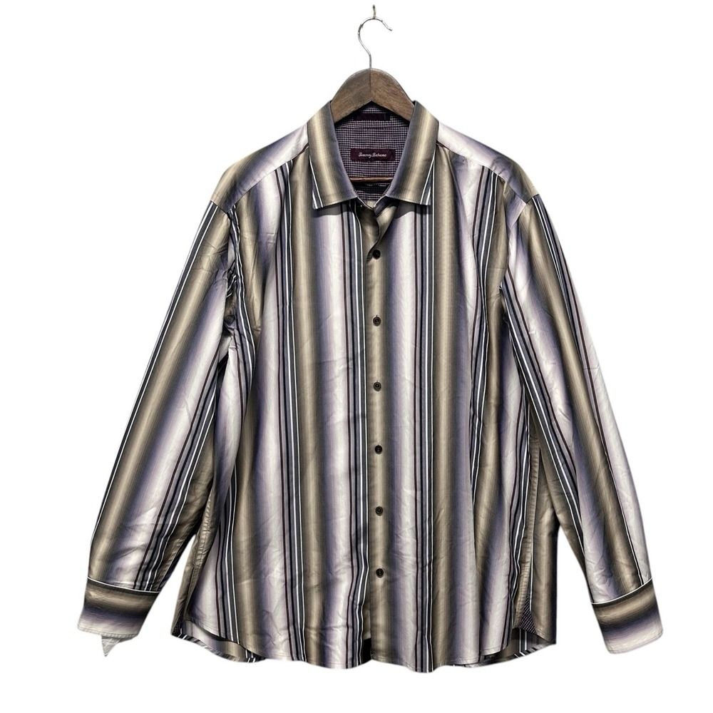 Tommy Bahama Men Long Sleeve Flip Cuff Button Front Shirt Size XL Striped Purple